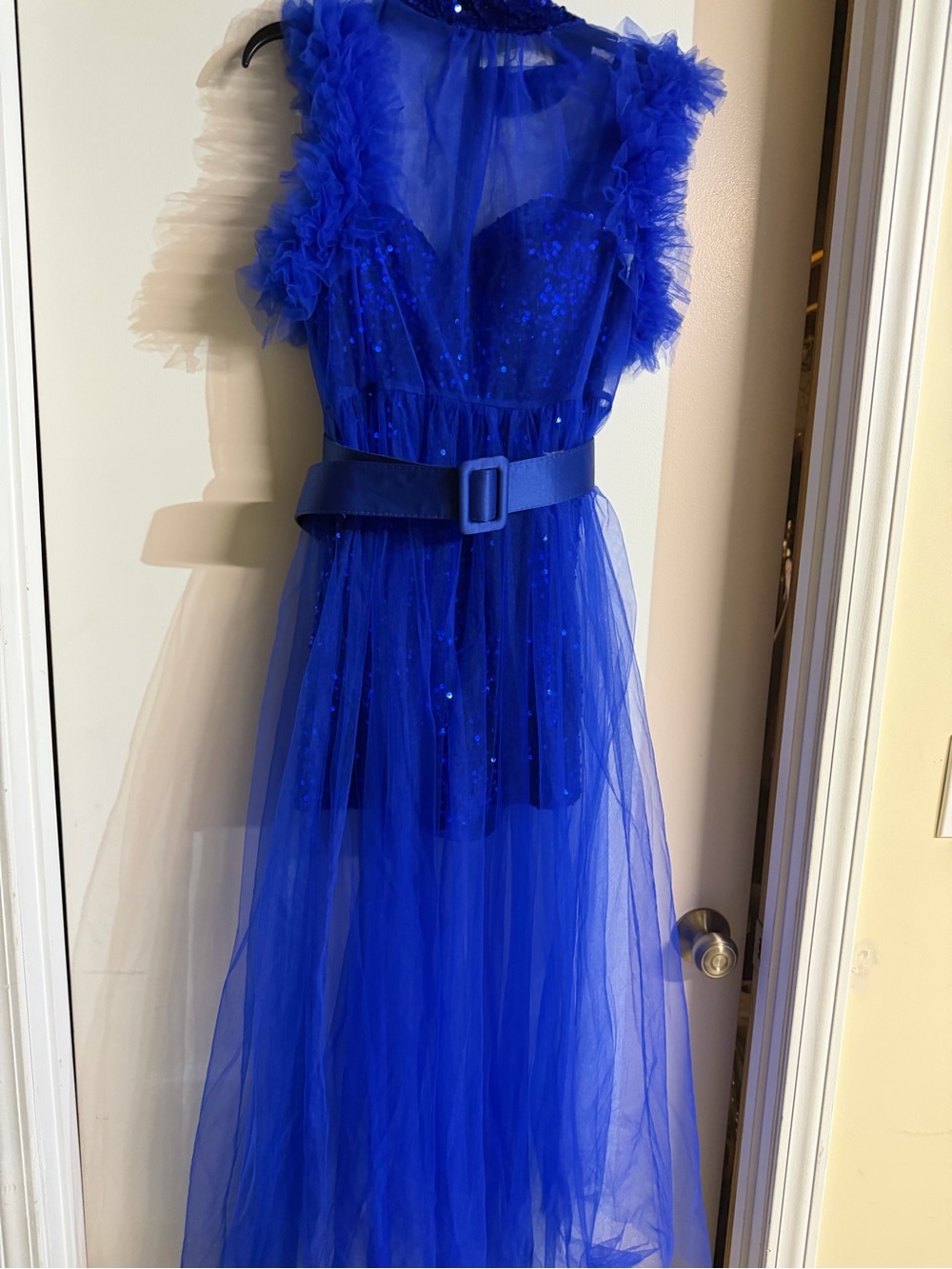 Royal Blue Sequin Tulle Overlay with sequin romper underneath. Comes with belt